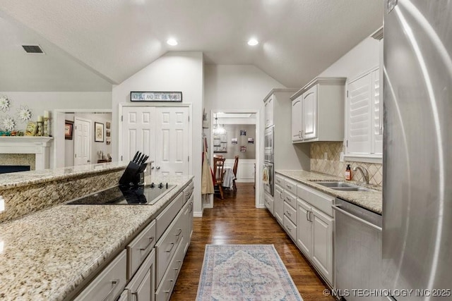 1516 W Trenton St, Broken Arrow, OK 74012 - kitchen with stainless steel appliances, vaulted ceiling, light stone counters, dark wood-style floors, and backsplash