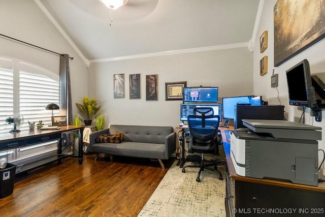 1516 W Trenton St, Broken Arrow, OK 74012 - office area featuring vaulted ceiling, crown molding, wood finished floors, and ceiling fan
