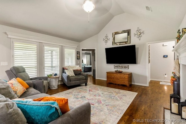 1516 W Trenton St, Broken Arrow, OK 74012 - living area featuring dark wood-type flooring, a ceiling fan, high vaulted ceiling, and a fireplace