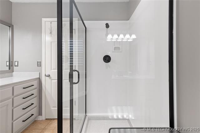 1516 W Trenton St, Broken Arrow, OK 74012 - full bath with a stall shower, vanity, and tile patterned floors