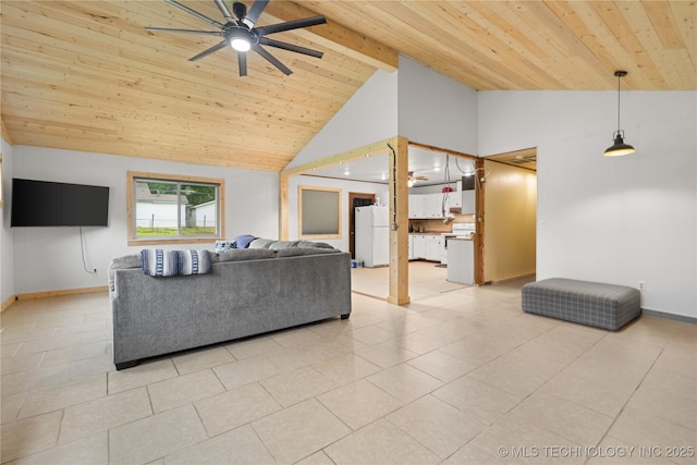 417530 E 1140th Rd, Checotah, OK 74426 - living area with ceiling fan, a wood ceiling with exposed beams, high vaulted ceiling, and light tile patterned flooring