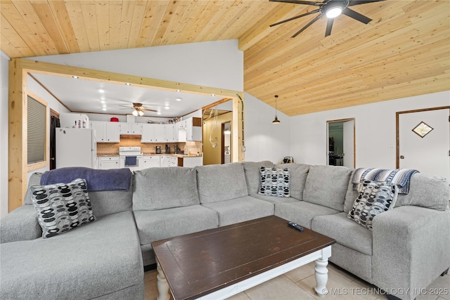 417530 E 1140th Rd, Checotah, OK 74426 - living room with a ceiling fan, vaulted ceiling, wood ceiling, and light tile patterned floors
