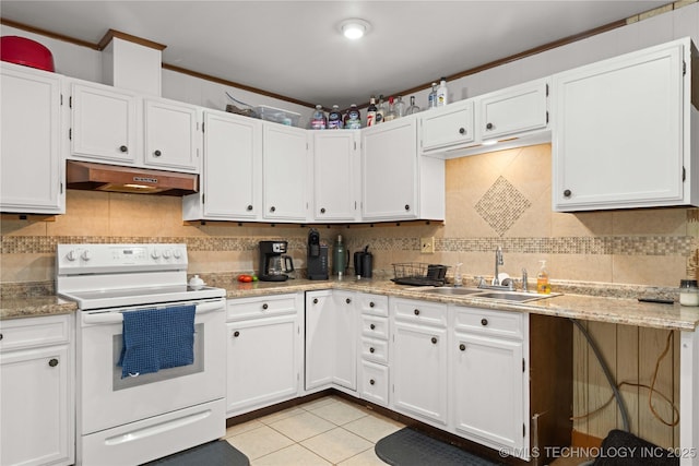 417530 E 1140th Rd, Checotah, OK 74426 - kitchen with white electric range oven, under cabinet range hood, white cabinets, and ornamental molding