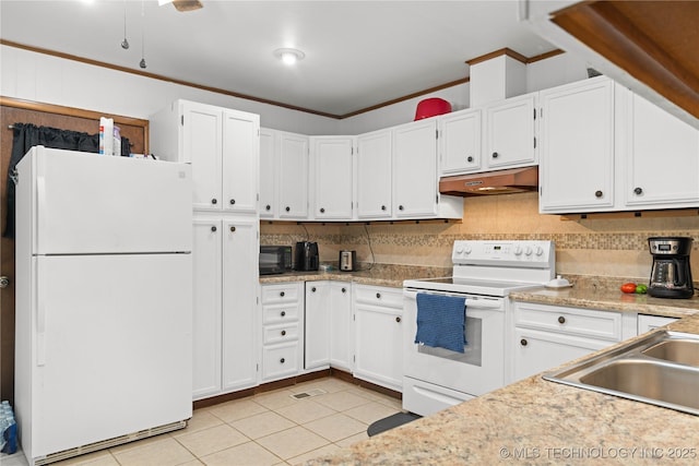 417530 E 1140th Rd, Checotah, OK 74426 - kitchen featuring white appliances, under cabinet range hood, light tile patterned floors, light countertops, and white cabinetry