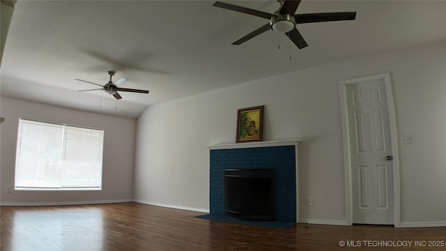 5921 S Sandusky Ave, Tulsa, OK 74135 - unfurnished living room featuring ceiling fan, wood finished floors, and a fireplace
