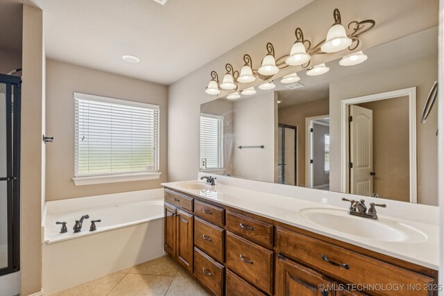 9200 E 92nd Pl, Owasso, OK 74055 - bathroom with a shower stall, double vanity, a garden tub, and tile patterned flooring