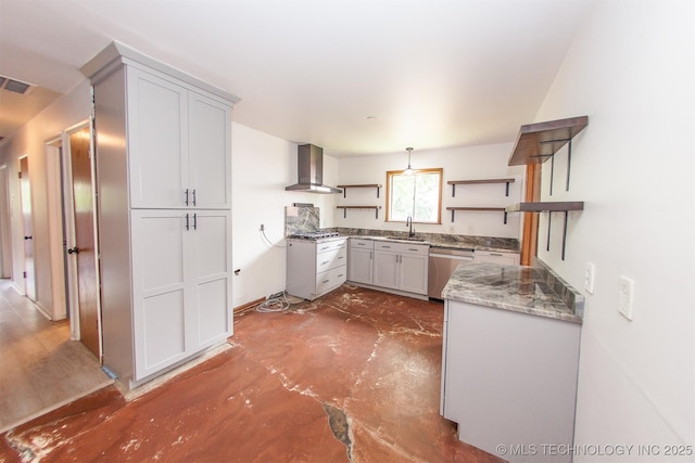 7025 E 58th Pl, Tulsa, OK 74145 - kitchen with open shelves, stainless steel dishwasher, wall chimney range hood, concrete floors, and light stone countertops