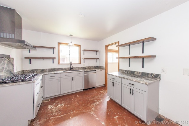 7025 E 58th Pl, Tulsa, OK 74145 - kitchen with open shelves, stainless steel appliances, wall chimney range hood, concrete flooring, and decorative light fixtures