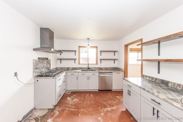 7025 E 58th Pl, Tulsa, OK 74145 - kitchen featuring open shelves, appliances with stainless steel finishes, wall chimney exhaust hood, and plenty of natural light