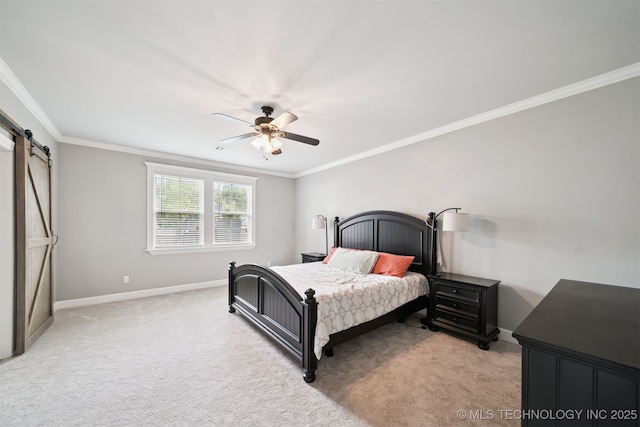 1909 W Nashville St, Broken Arrow, OK 74012 - bedroom featuring a barn door, light colored carpet, ornamental molding, and a ceiling fan