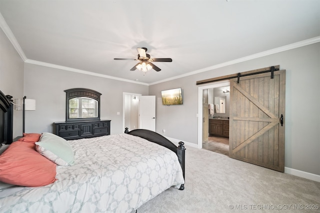 1909 W Nashville St, Broken Arrow, OK 74012 - carpeted bedroom with a barn door, ornamental molding, connected bathroom, and a ceiling fan