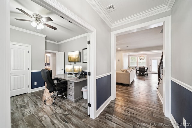 1909 W Nashville St, Broken Arrow, OK 74012 - home office featuring wood finished floors, ceiling fan, crown molding, and a chandelier