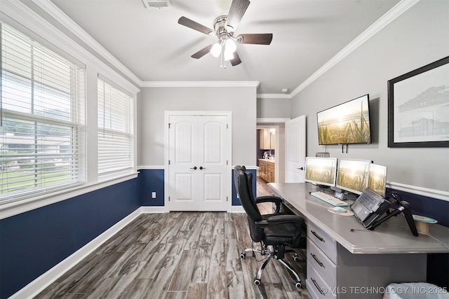 1909 W Nashville St, Broken Arrow, OK 74012 - office featuring ceiling fan, crown molding, and wood finished floors