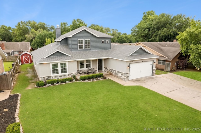 1909 W Nashville St, Broken Arrow, OK 74012 - view of front of property with stone siding, a shingled roof, a garage, driveway, and a chimney