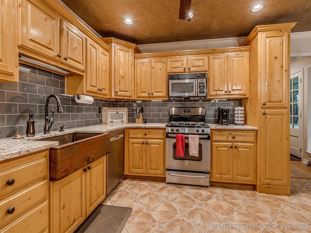 333 Springview Dr, Skiatook, OK 74070 - kitchen featuring stainless steel appliances, crown molding, backsplash, light stone countertops, and light tile patterned floors