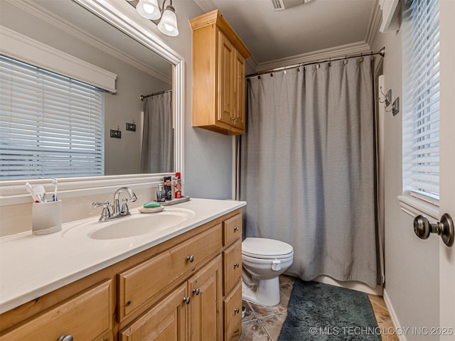 333 Springview Dr, Skiatook, OK 74070 - bathroom with vanity, tile patterned flooring, ornamental molding, and a shower with shower curtain