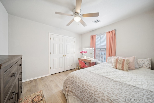 1112 N Yellowood Ave, Broken Arrow, OK 74012 - bedroom with light wood-type flooring, ceiling fan, and a closet