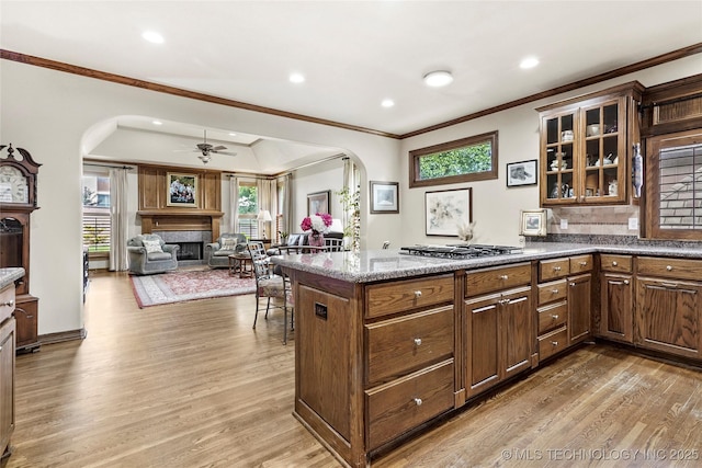 9632 S Vandalia Ave, Tulsa, OK 74137 - kitchen featuring arched walkways, a fireplace, ornamental molding, wood finished floors, and a peninsula