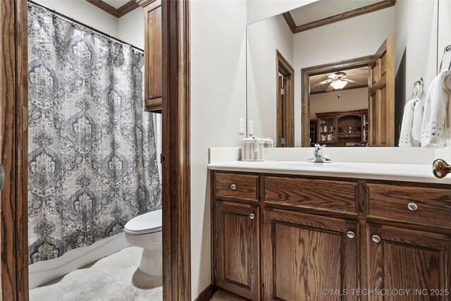 9632 S Vandalia Ave, Tulsa, OK 74137 - full bath featuring ornamental molding, vanity, ceiling fan, and a shower with shower curtain