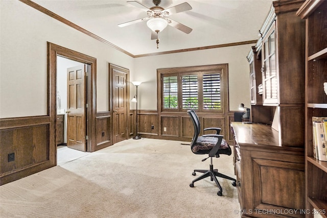 9632 S Vandalia Ave, Tulsa, OK 74137 - office area with wainscoting, ornamental molding, light colored carpet, and ceiling fan