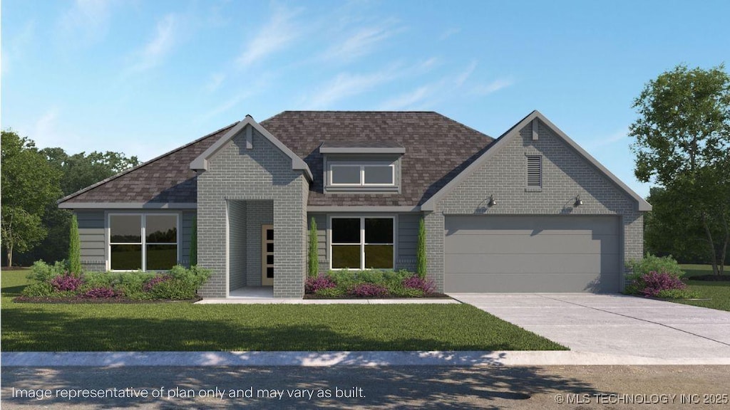 22974 E 106th St S, Broken Arrow, OK 74014 - view of front of property with brick siding, driveway, a front yard, and an attached garage