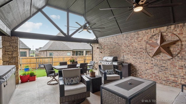 7920 N 147th E Ave, Owasso, OK 74055 - view of patio / terrace with a ceiling fan, a grill, an outdoor hangout area, and outdoor dining space