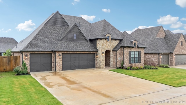 7920 N 147th E Ave, Owasso, OK 74055 - french country home with a shingled roof, an attached garage, concrete driveway, and brick siding