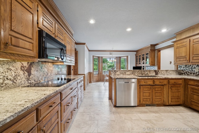 3334 E 100th Pl, Tulsa, OK 74137 - kitchen featuring black appliances, ornamental molding, brown cabinets, tasteful backsplash, and light stone countertops