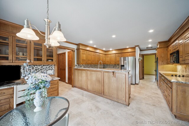 3334 E 100th Pl, Tulsa, OK 74137 - kitchen featuring black appliances, tasteful backsplash, glass insert cabinets, a kitchen bar, and ornamental molding