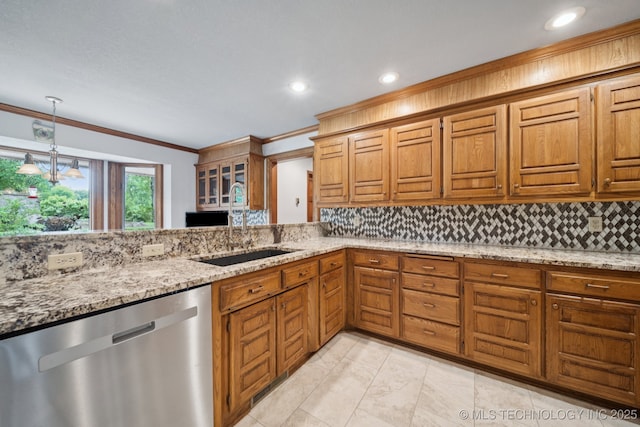3334 E 100th Pl, Tulsa, OK 74137 - kitchen with stainless steel dishwasher, backsplash, ornamental molding, light stone countertops, and brown cabinetry