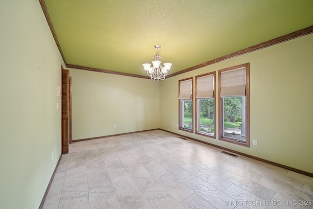 3334 E 100th Pl, Tulsa, OK 74137 - spare room with crown molding, a chandelier, and a textured ceiling
