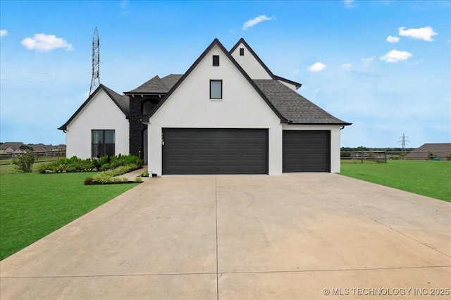 7107 E 88th St N, Owasso, OK 74055 - french country inspired facade with a front yard, concrete driveway, stucco siding, and a shingled roof