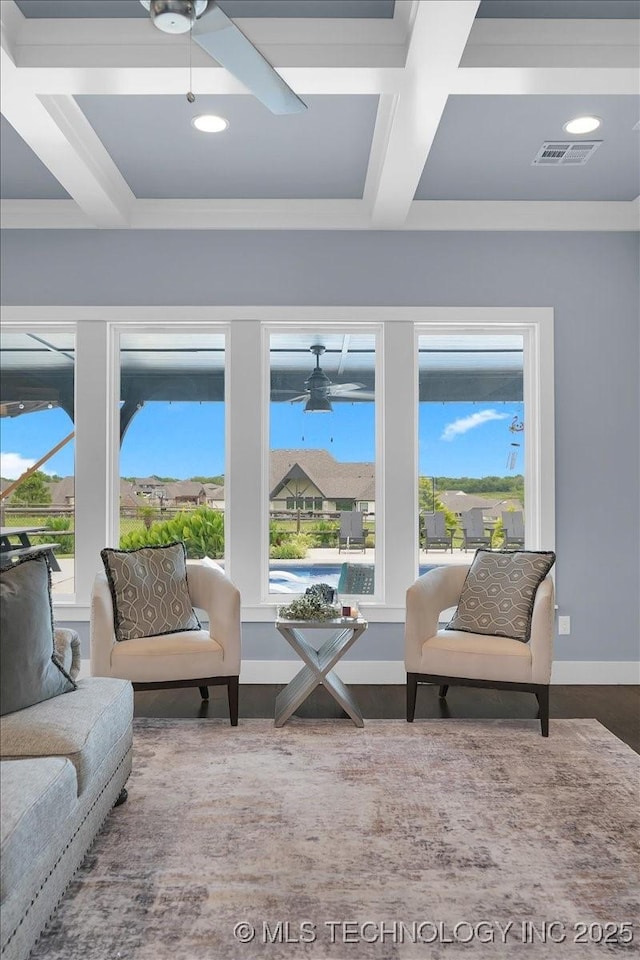 7107 E 88th St N, Owasso, OK 74055 - sitting room featuring coffered ceiling, ceiling fan, and beamed ceiling