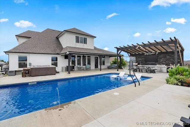 7107 E 88th St N, Owasso, OK 74055 - view of swimming pool with an outdoor hangout area, a hot tub, a pergola, exterior kitchen, and a patio