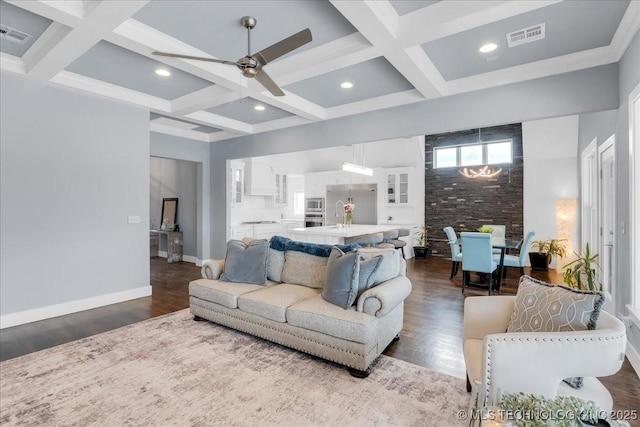 7107 E 88th St N, Owasso, OK 74055 - living area featuring coffered ceiling, dark wood-style flooring, beam ceiling, ceiling fan, and recessed lighting