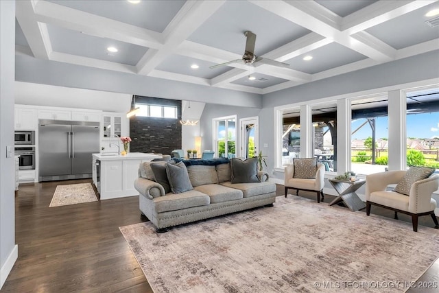 7107 E 88th St N, Owasso, OK 74055 - living room featuring dark wood-type flooring, beam ceiling, coffered ceiling, ceiling fan, and recessed lighting