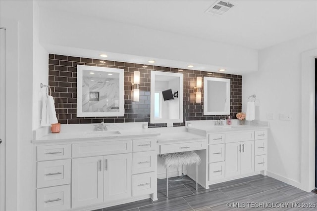 7107 E 88th St N, Owasso, OK 74055 - full bath featuring vanity, a marble finish shower, recessed lighting, and decorative backsplash