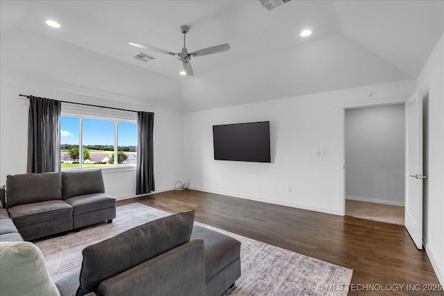 7107 E 88th St N, Owasso, OK 74055 - living area featuring lofted ceiling, recessed lighting, ceiling fan, and wood finished floors