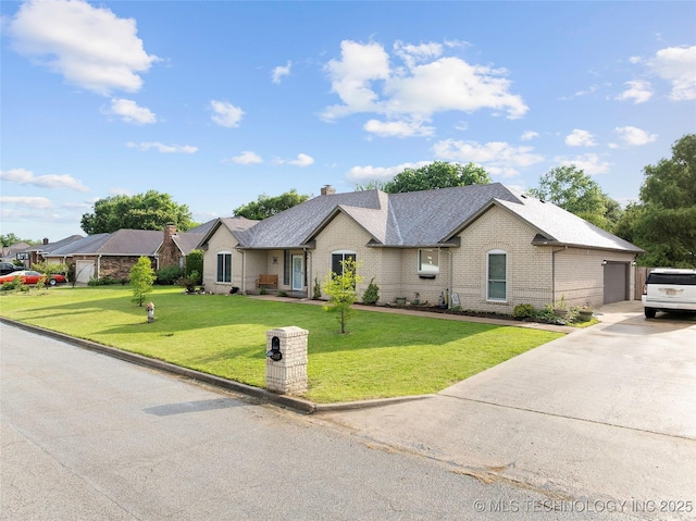 1507 Southern Hills Dr, Ardmore, OK 73401 - ranch-style house with driveway, a garage, a front yard, brick siding, and a chimney