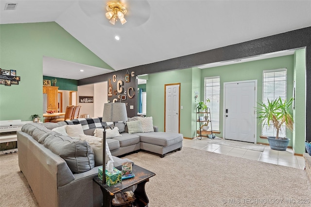 1507 Southern Hills Dr, Ardmore, OK 73401 - living area featuring light tile patterned floors, ceiling fan, high vaulted ceiling, and recessed lighting