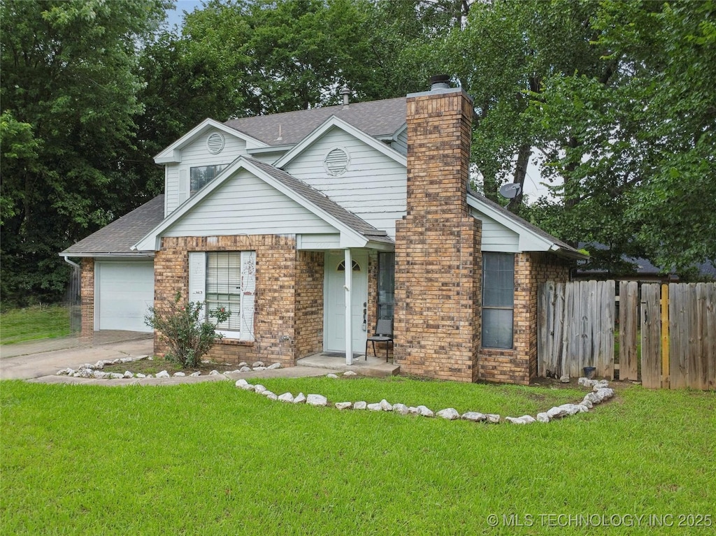 5609 S Juniper Ave, Broken Arrow, OK 74011 - view of front facade with roof with shingles, a chimney, an attached garage, concrete driveway, and brick siding