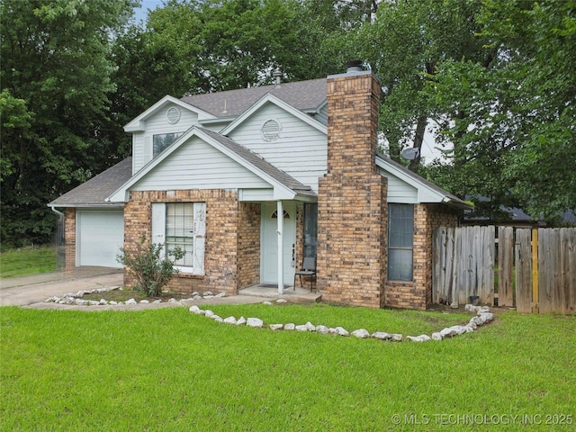 5609 S Juniper Ave, Broken Arrow, OK 74011 - view of front facade with roof with shingles, a chimney, an attached garage, concrete driveway, and brick siding