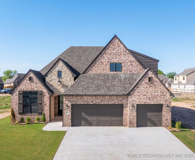 2833 E 142nd St S, Bixby, OK 74008 - french country home featuring driveway, roof with shingles, a front lawn, and brick siding