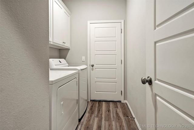 26806 E 143rd St S, Coweta, OK 74429 - laundry room with washer and dryer, cabinet space, dark wood-style flooring, and a textured wall