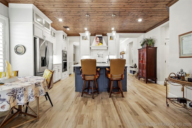 5314 E 126th St S, Bixby, OK 74008 - dining room with light wood-style floors, wood ceiling, recessed lighting, and ornamental molding