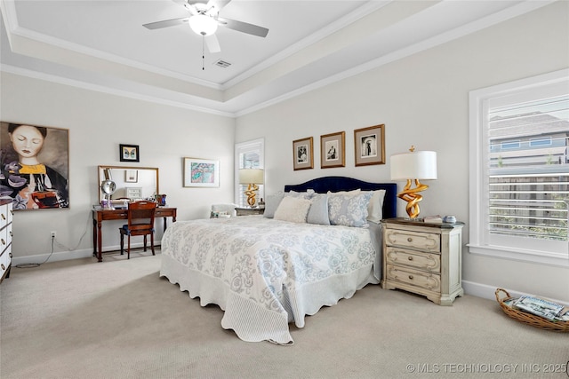 5314 E 126th St S, Bixby, OK 74008 - bedroom featuring light colored carpet, a tray ceiling, crown molding, and ceiling fan