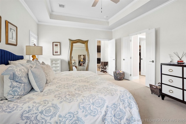 5314 E 126th St S, Bixby, OK 74008 - bedroom featuring a tray ceiling, carpet floors, crown molding, and a ceiling fan