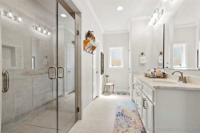 5314 E 126th St S, Bixby, OK 74008 - full bath with double vanity, ornamental molding, a stall shower, tile patterned floors, and recessed lighting