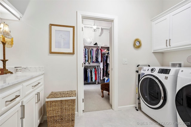 5314 E 126th St S, Bixby, OK 74008 - laundry room featuring separate washer and dryer, cabinet space, and light carpet