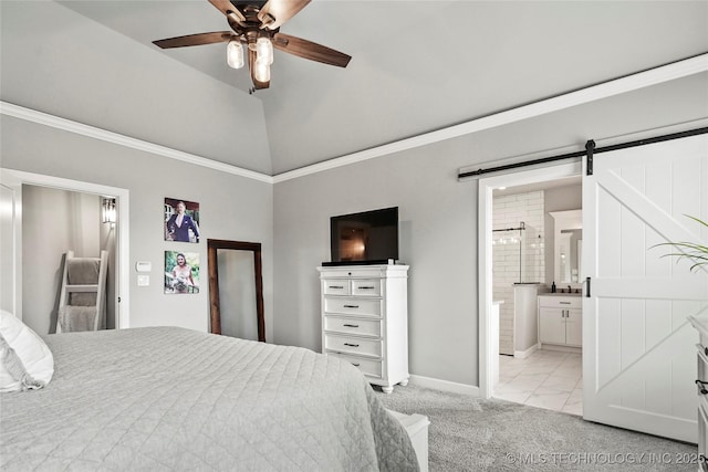524 N 85th St, Broken Arrow, OK 74014 - bedroom with a barn door, connected bathroom, a ceiling fan, light carpet, and high vaulted ceiling